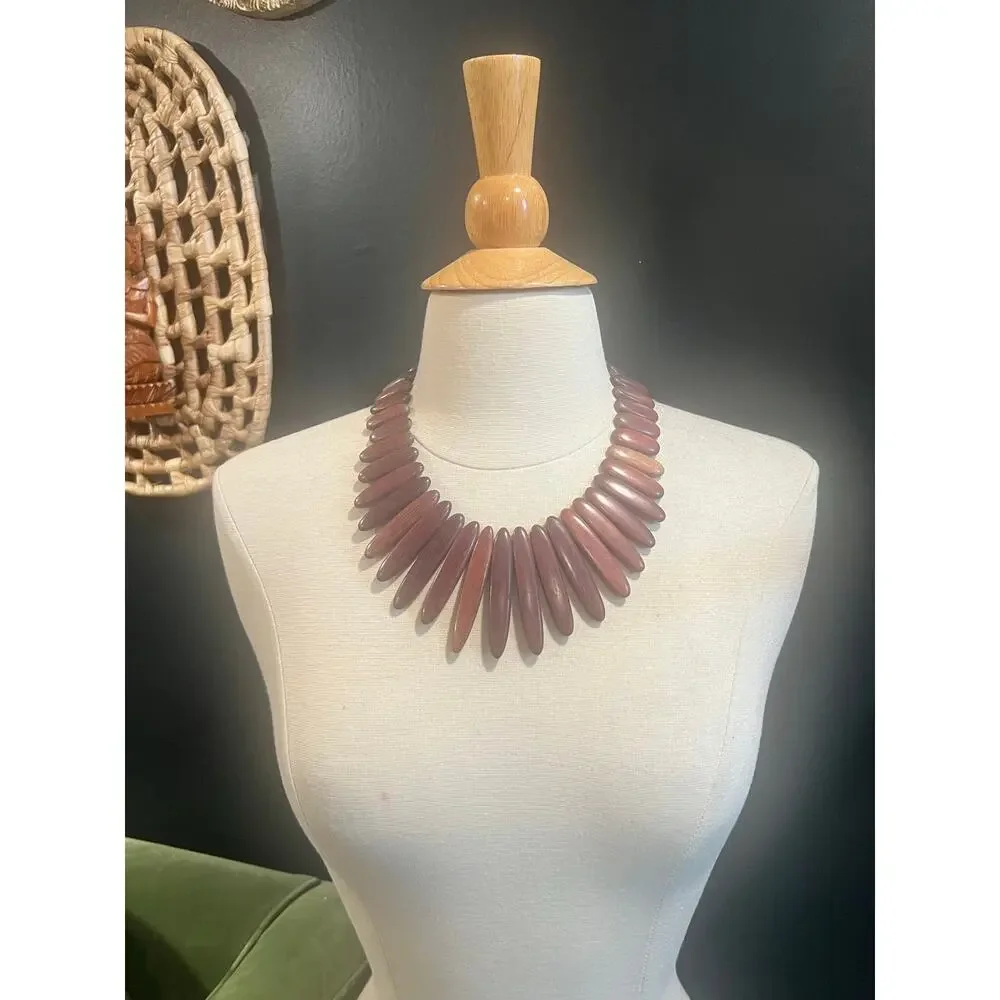 Vintage Style Wood Statement Necklace Burgundy Plum Graduated Fringe Bib Boho